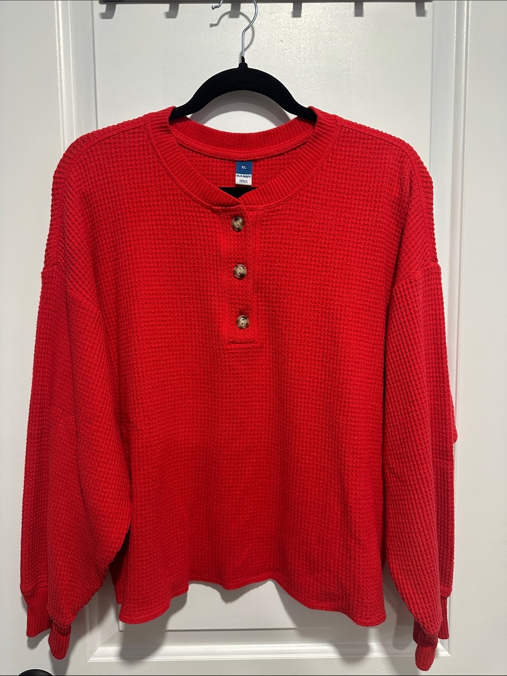 Old Navy Red Waffle-Knit Henley Crewneck Sweater